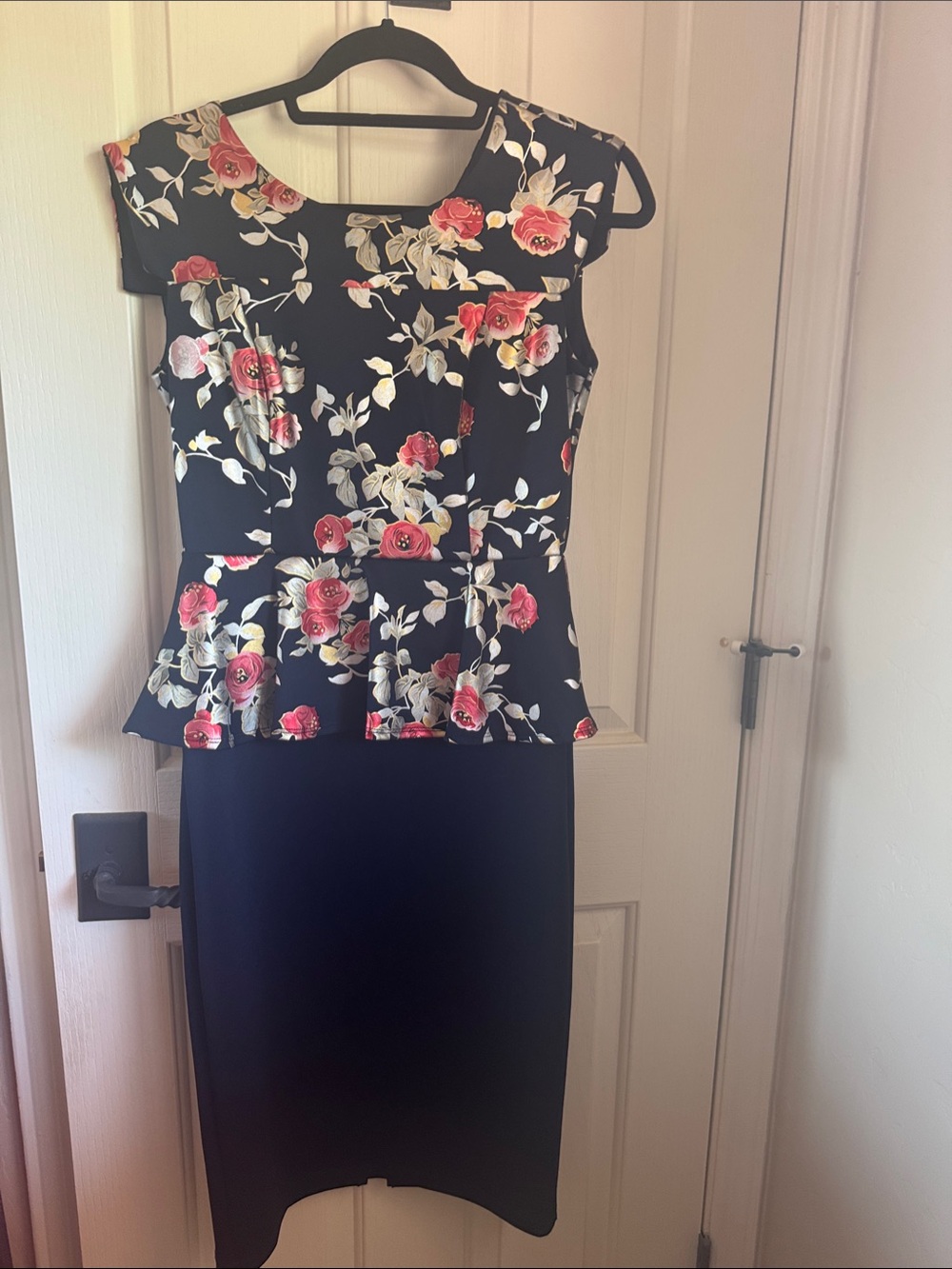 Enfocus Studio Black Pencil Skirt with Pink Rose Floral Peplum Top